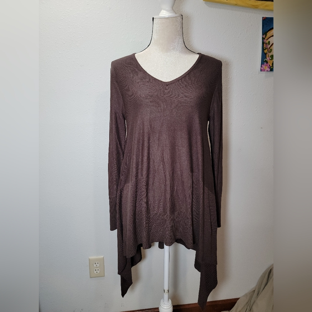 NWT Cupio Women's Brown Hi-Lo Shark Bite Sweater Sz LARGE Lagonlook Boho Hippie